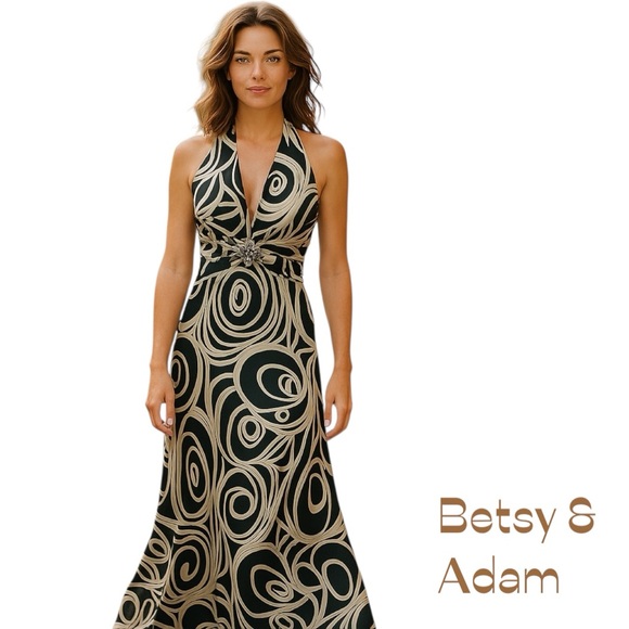 Betsy & Adam Black Cream Satin BalletCore Party Halter Maxi Dress NWOT Size 4 - Picture 1 of 13